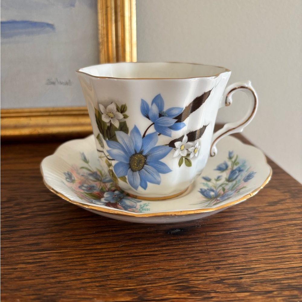Royal Ingaton Bone China Blue Floral Painted Tea Cup & Saucer
